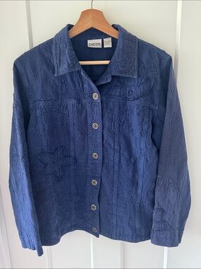 Vintage Chico's Embroidered Navy Blue Lightweight Shirt Jacket